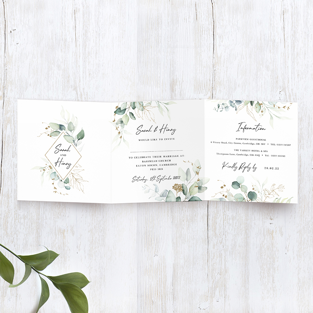 Tri Fold Wedding Invitation 'Green & Gold Eucalyptus'